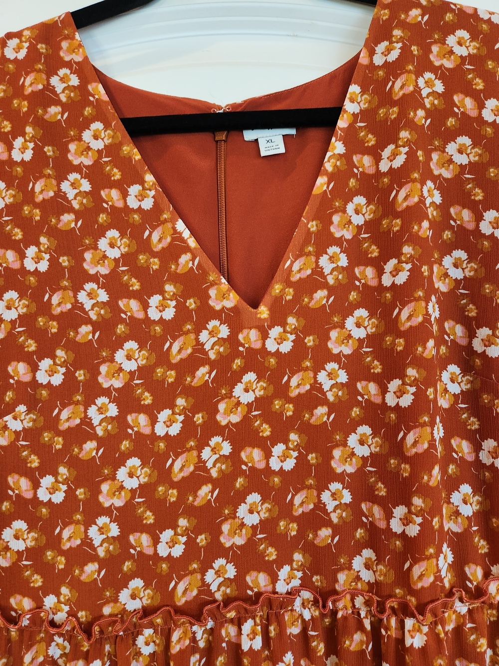 J Crew Factory Crinkle Midi Flounce Dress Rust Floral Size XL Cottagecore Ruffle - Picture 4 of 15